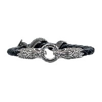 Stainless Steel Black Leather Braided Bracelet. 8 1/2"