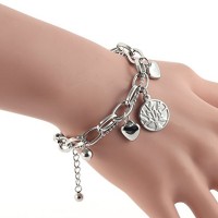  Silver Stainless Steel 6.5" + 1" Extension Tree of Life Circle Link Bracelet