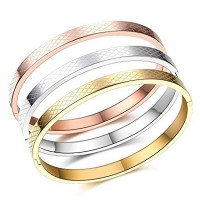 Oval High Polished Stainless Steel Bangle Bracelet Tri Color Rose Gold Tone/Gold Tone/White Silver Tone 7.5 Inches For Women Men Unisex