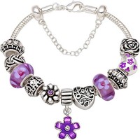 "You Make My Life Full Of Peace And Love" Silver-Tone Love Heart Purple Flower Bead Charm Bracelet For Christmas Birthday Anniversary Valentine's day Valentine Gift