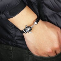 Genuine Leather Anchor Stainless Steel Bracelets & Bangles Male Punk Jewelry  Length racelet