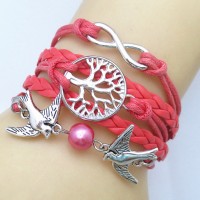 Fashion Vintage Birds Leather Heart Charm stainless steel Bracelet