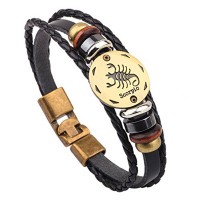 Winter's Secret Hand Braided Twelve Constellations Pattern Black Leather Alloy Pull Clasp Wrap Bracelet