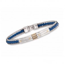 Men's Stainless Steel Cable and Blue Leather Bracelet 8 inch - B388