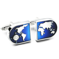 Men's World Map Shirts Cufflinks, Wedding, Color Blue Silver