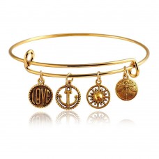 Gold Adjustable Bangle With Various Charms Sun And Dragonfly - B619
