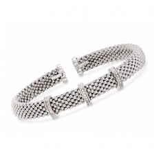 Popcorn Silver Woven Cuff Bracelet With Diamond Accents - B611