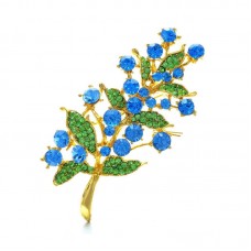 New Gold Blue Flowers & Leaves Brooch Rhinestones Charms Jewelry - BR025