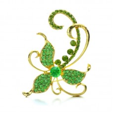 New Gold And Green Flower Butterfly Brooch Green Rhinestones Charms Jewelry - BR026