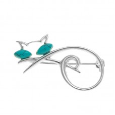 Turquoise and Silver Color Cat Brooch - BR030