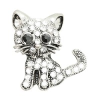 Silver Tone Vintage Corsage Pin Cute Cat Clear Crystals Stainless Steel Lover Brooch Pin - BR035