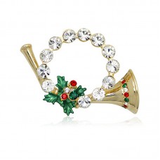 Gold-tone Crystals Christmas Horn Wreath Brooch - BR073