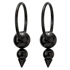 Mens Womens Stainless Steel Black Circle Ball Spike Huggie Hinged Hoop Earrings, 2 pcs