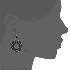 Stainless Steel with Black Ip and Black Glass Circle Dangle Earrings