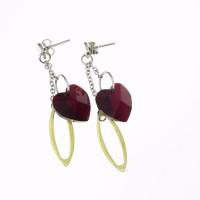 Earrings Red Faceted Heart Dangles Two-Tone Stainless Steel