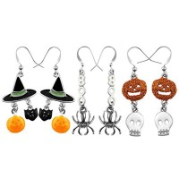 3 pairs Halloween Drop Dangle Earrings Sets Spider Boo Pumpkin Skelonton Wizard Hat Hook Earrings Set for Women Girls
