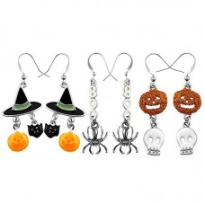 3 pairs Halloween Drop Dangle Earrings Sets Spider Boo Pumpkin Skelonton Wizard Hat Hook Earrings Set for Women Girls