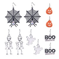 A2A Halloween Theme 5 Pairs Drop Stainless Earrings Spider Web Pumpkin Skeleton Skull Boo Dangle Earring Set