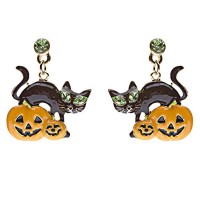 Halloween Jewelry Pumpkin Black Cat Crystal Earrings