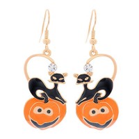 Women's Halloween Pumpkin Black Cat Rhinestone Hook Dangle Earrings for Pierced Ears