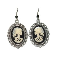  OVAL SILVER TONE FILIGREE FRAMED SKELETON HALLOWEEN DANGLE EARRINGS 