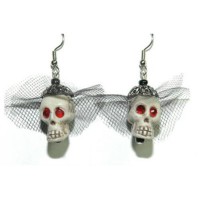 BLACK VEILED SKULL WITH RED CRYSTAL EYES HALLOWEEN DANGLE EARRINGS