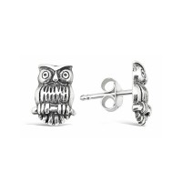 Oxidized Silver Owl Studs Stainless Steel Earrings - E582