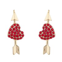 Gold Tone Red Heart Valentines Day Arrow Earrings- E809