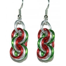 CHRISTMAS RED SILVER & GREEN CHAIN MAIL MAILLE DANGLE EARRINGS