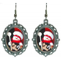 OVAL SILVER TONE FILIGREE FRAMED SNOWMAN CHRISTMAS DANGLE EARRINGS