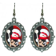 OVAL SILVER TONE FILIGREE FRAMED SNOWMAN CHRISTMAS DANGLE EARRINGS