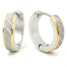 Stainless Steel Mens Hoop Earrings Stripe Bevel Edge Black Gold Color 16mm