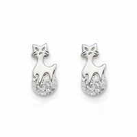 Stainless Steel Polished CZ Cat Post Stud Earrings Silver - E798