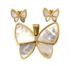 Women Girls Stainless Steel Colorful Shell Butterfly Design Earrings and Pendant Necklace Jewelry Set - JS037