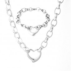 Women Stainless Steel Silver Elegant High Polished Heart Charm Cable Link Chain Necklace Bracelet Set - JS006