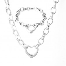 Women Stainless Steel Silver Elegant High Polished Heart Charm Cable Link Chain Necklace Bracelet Set - JS006