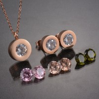 4 Color CZ Stainless Steel Wedding Jewelry Set Rose Gold Crystal Pendant Necklace and Earring Set for Women - JS054