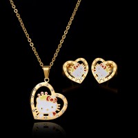 New Jewelry Girl's Necklace and Earrings Set Crystal Heart Hello Kitty Pendant Gold Chain Stainless Steel Jewelry Sets - JS067