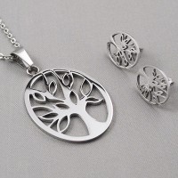 Cute Women Jewelry Set Stainless Steel Party Christmas Gift Oval Life Tree Earrings Pendant Necklace Set - JS068
