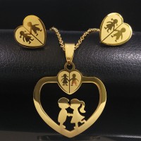 Stainless Steel Boy And Girl Love Pendant Jewelry Sets Gold Color Heart Necklace Earrings Jewelry Sets For Girls Women - JS069