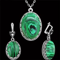 Delicate Oval Malachite Necklace Earrings Clip On Stainless Steel Chain Hollow Flower Pendant Fashion Jewelry - JS070