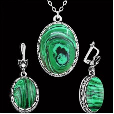 Delicate Oval Malachite Necklace Earrings Clip On Stainless Steel Chain Hollow Flower Pendant Fashion Jewelry - JS070