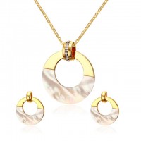 Luxury Women Stainless Steel Round Shell Gold-Color CZ Pendant Necklaces Earrings Fashion Jewelry Sets - JS072