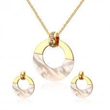Luxury Women Stainless Steel Round Shell Gold-Color CZ Pendant Necklaces Earrings Fashion Jewelry Sets - JS072