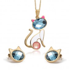 Necklace Earrings Jewelry Sets Crystal Cat Jewelry Sets For Women Fashion Stainless Steel Gold-Color Pendants Wholesale - JS073