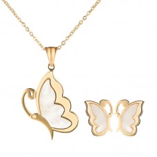 Minmin Natural Shell Gold-color 316L Stainless Steel Jewelry Sets Butterfly Pendant Necklace Earrings Sets for Women - JS075