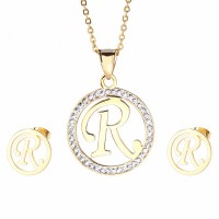  New Cheap Sets Stainless Steel Dubai Gold Color Capital Letter Pendant Necklace & Earrings Jewelry Sets for Women Gifts - JS077