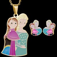 Hot Movie Jewelry Stainless Steel Gold Color Jewelry Set Colorful Anna Elsa Pendant Earrings Necklace Set for Women Girl - JS080