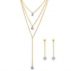 Lady Jewelry Sets Stainless Steel Bohemian Bar Multilayer Pendant Strand Statement CZ Earring Necklace Jewelry - JS082