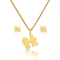 Gold Stainless Steel Cute Girl & Boy Doll Pendant Necklace Earrings Sets - JS086